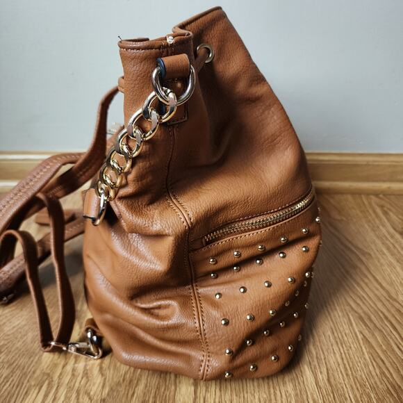 Black Rivet Brown Shoulder Purse Bucket Bag Back Pack Inner Outer Pockets - Picture 4 of 12